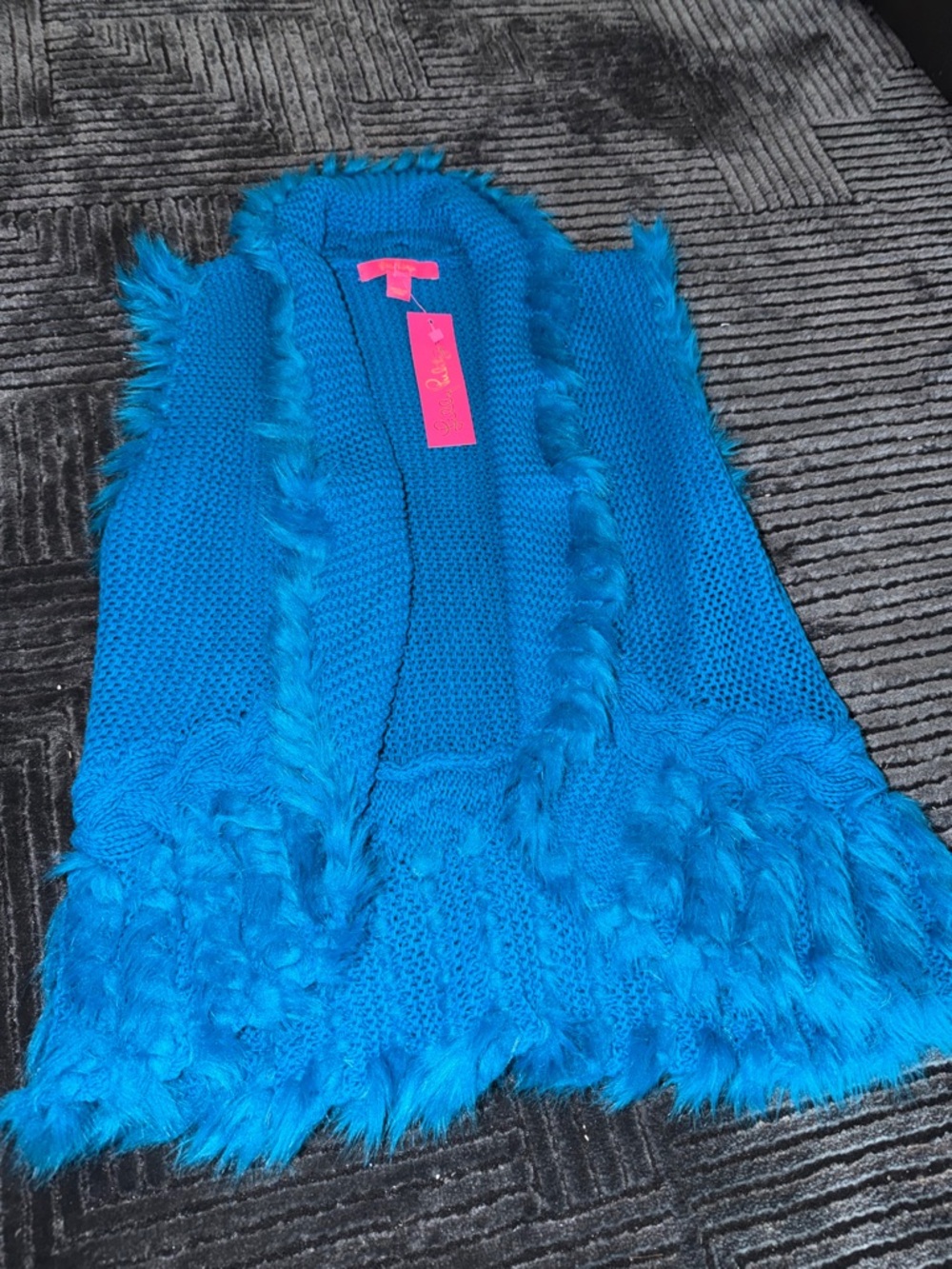 Lilly Pulitzer Bright Teal Blue Knit Vest with Faux Fur Trim